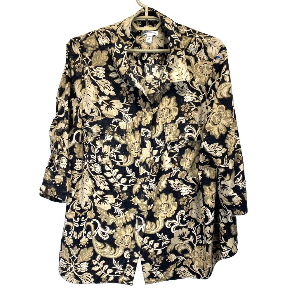 Croft & Barrow Women Blouse Top 3X Button Pull-Over 3/4 Sleeve Button-Up Floral